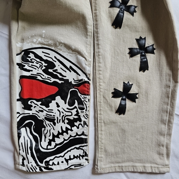 BRAND X beige distressed cross embellished skull print unique streetwear jeans - Picture 10 of 10